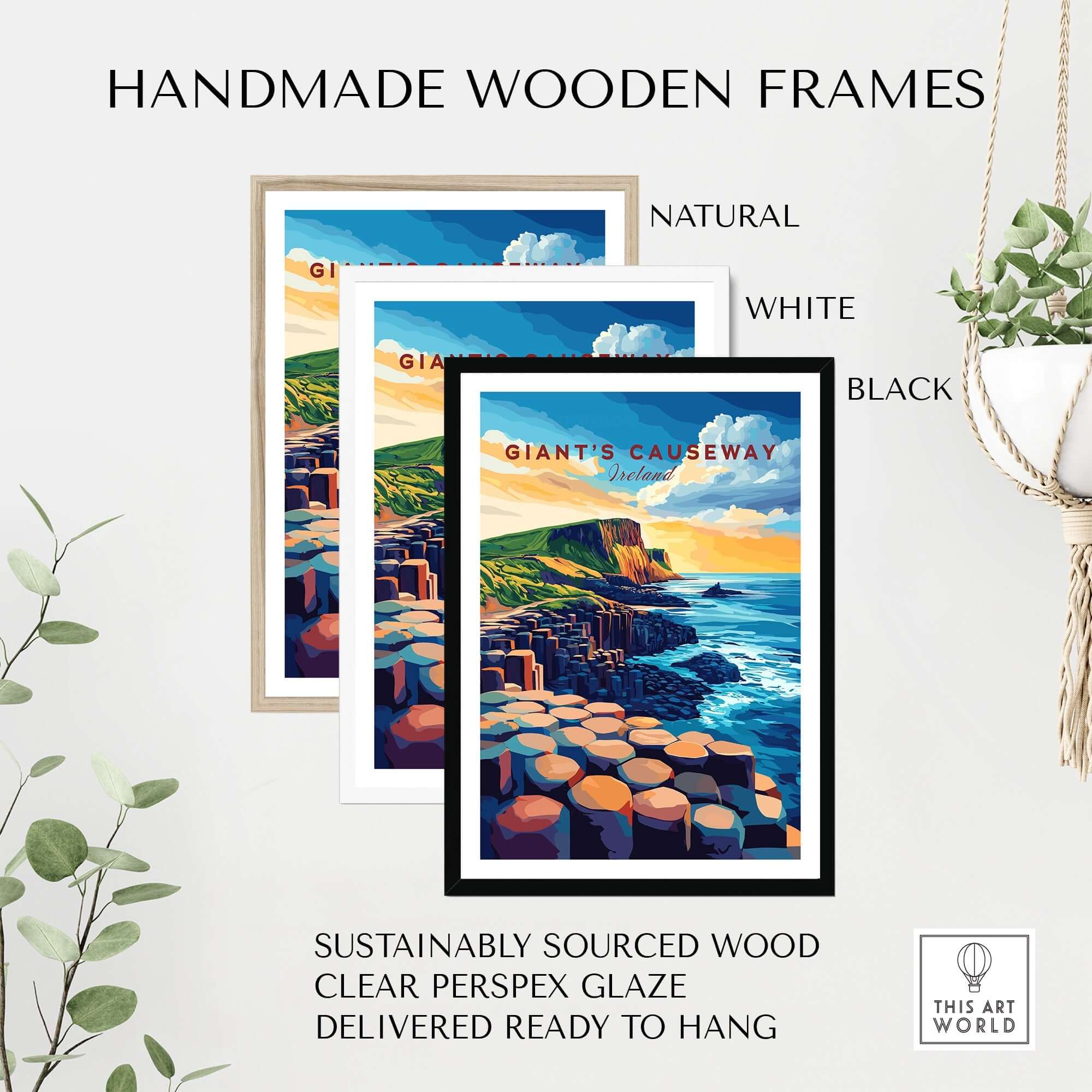 Giant's Causeway Wall Art displayed in handmade wooden frames: natural, white, and black options for stylish decor.