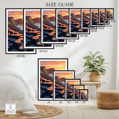 Giant's Causeway Wall Art Poster size guide with various dimensions displayed in an indoor setting.