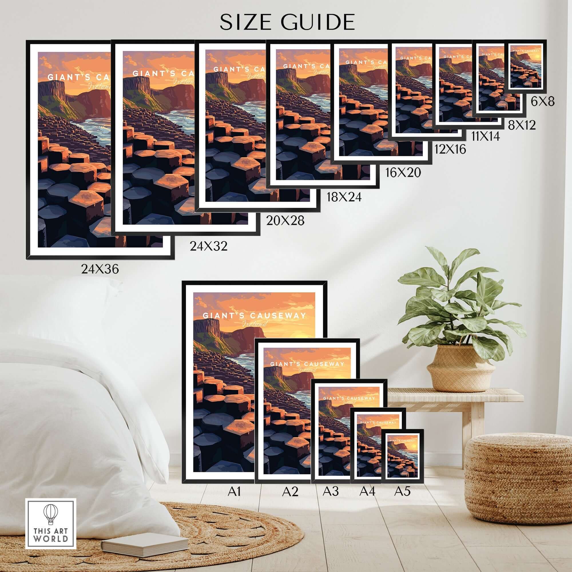 Giant's Causeway Wall Art Poster size guide with various dimensions displayed in an indoor setting.