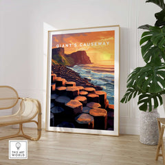Giant's Causeway Wall Art Poster showcasing the stunning natural beauty at sunset in a modern home setting.