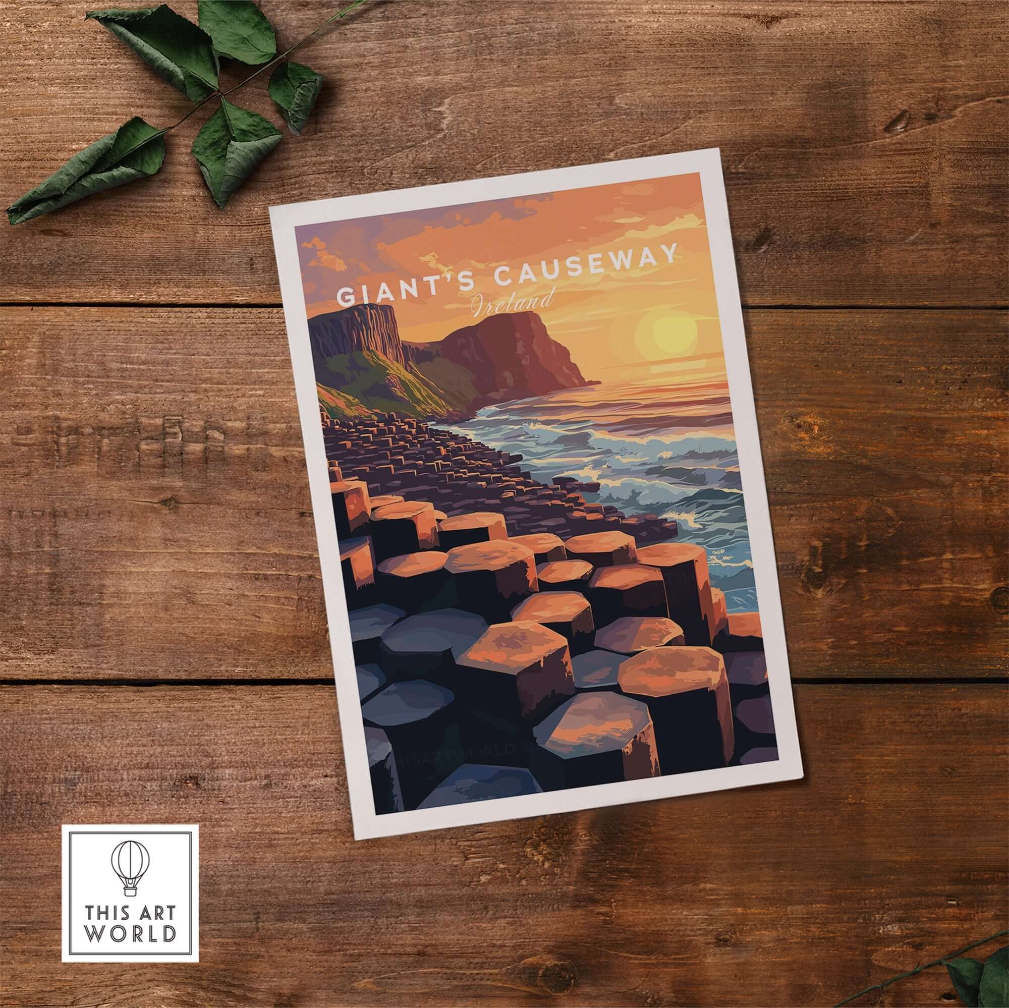Giant's Causeway Wall Art Poster featuring serene sunset over iconic hexagonal basalt columns.