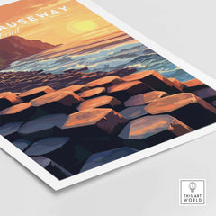 Giant's Causeway Wall Art Poster featuring sunset over rocky shore at Giant's Causeway.