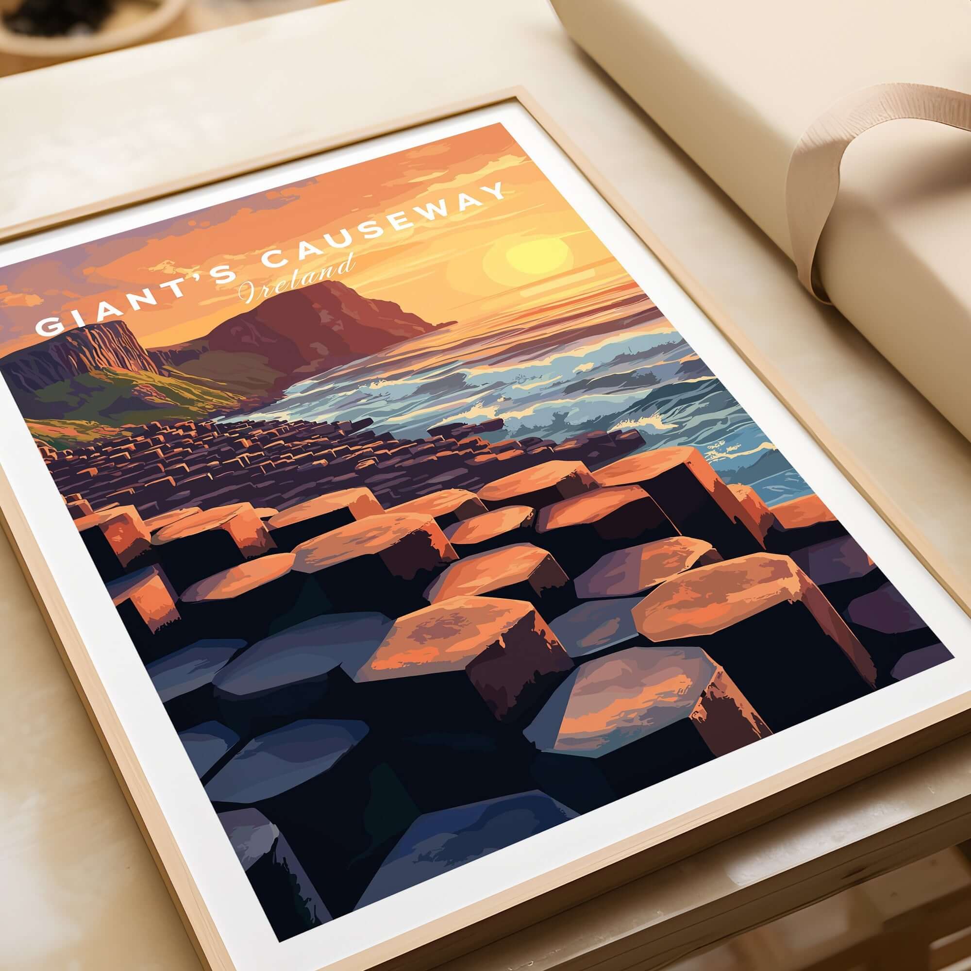 Giant's Causeway Wall Art Poster showcasing sunset over hexagonal rock formations.