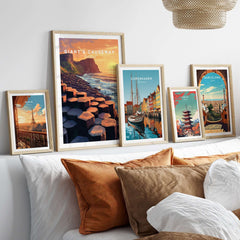 Giant's Causeway Wall Art Poster featured among other travel art prints on a stylish wall.