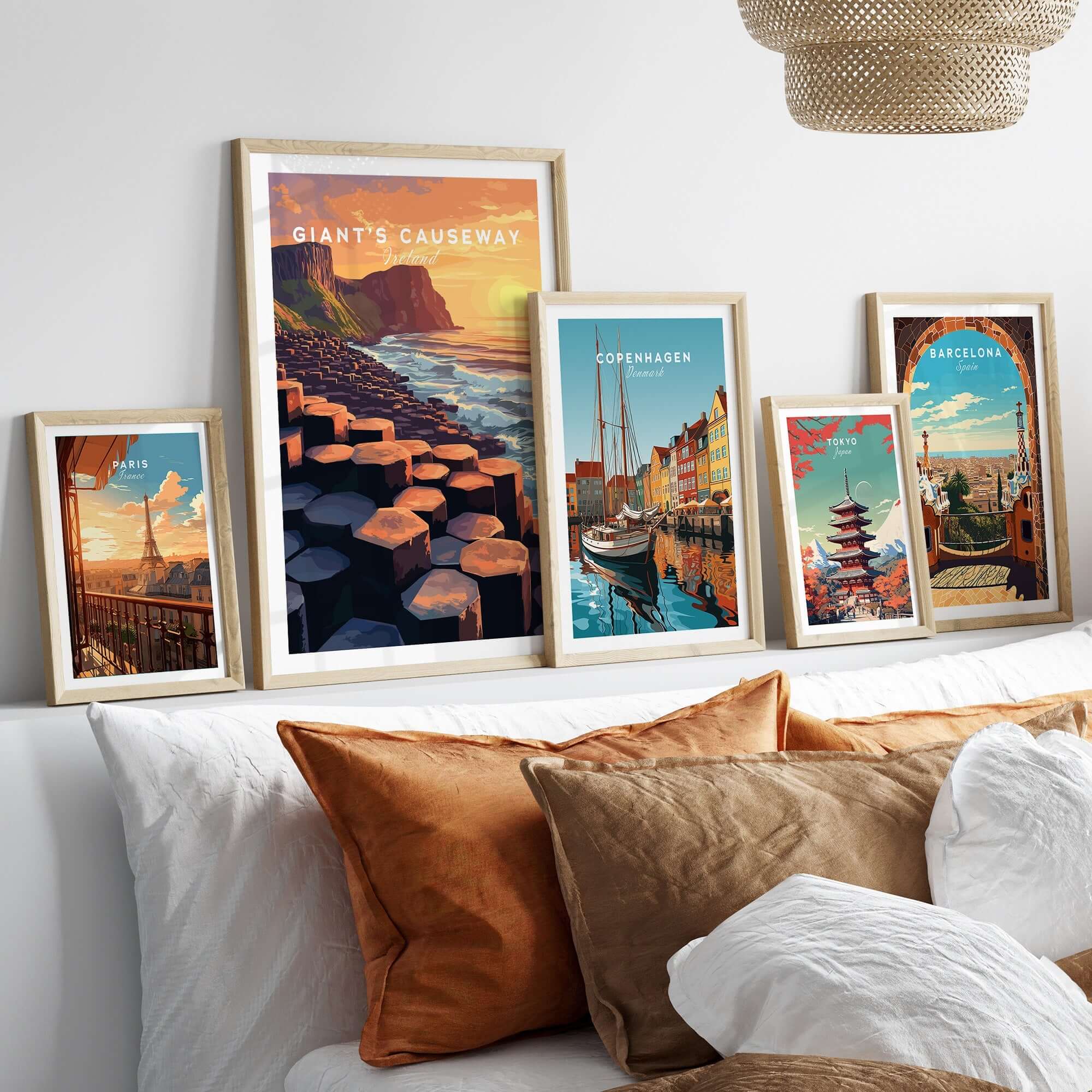 Giant's Causeway Wall Art Poster featured among other travel art prints on a stylish wall.