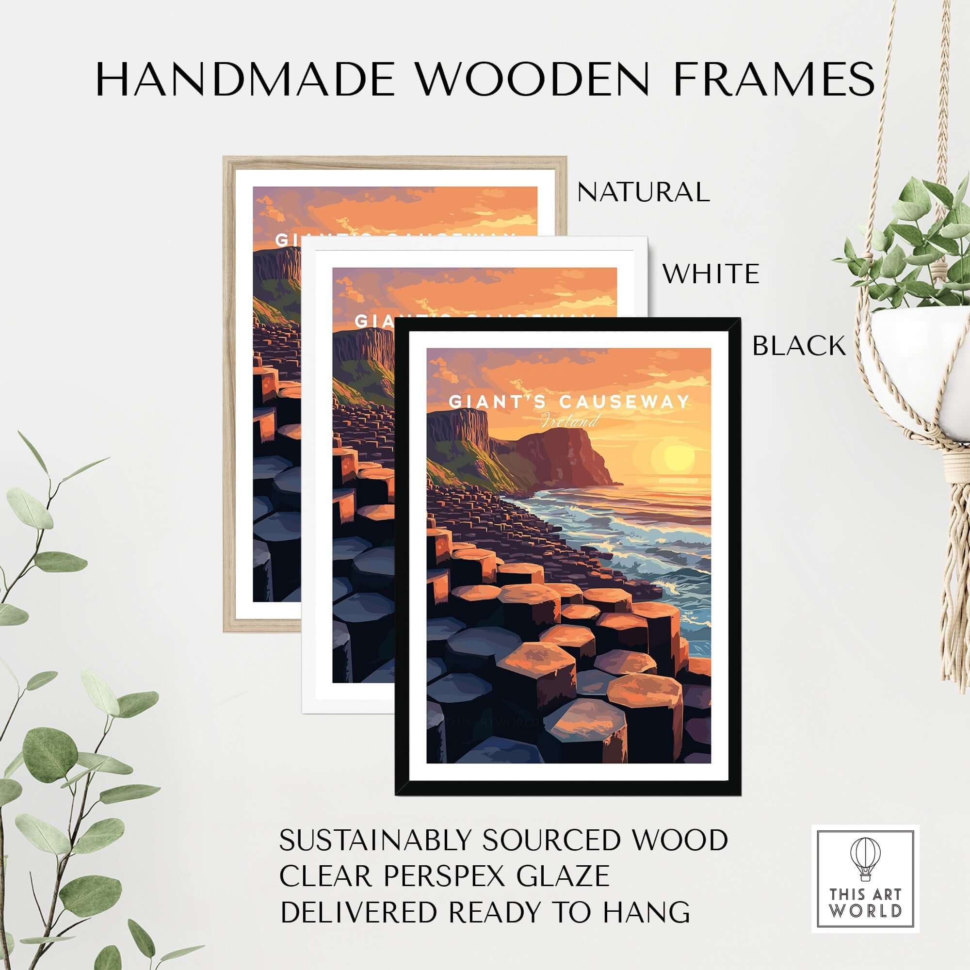 Giant's Causeway Wall Art Poster in handmade wooden frames made from sustainably sourced wood.