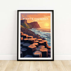 Giant's Causeway Wall Art Poster showcasing sunset over hexagonal rocks and ocean waves.
