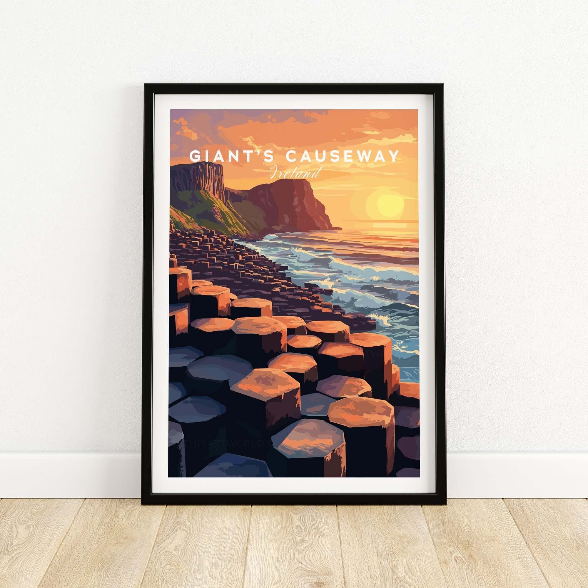 Giant's Causeway Wall Art Poster showcasing sunset over hexagonal rocks and ocean waves.