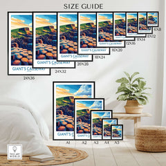 Giant's Causeway Wall Art Print size guide showcasing various framed options and dimensions for home decor.