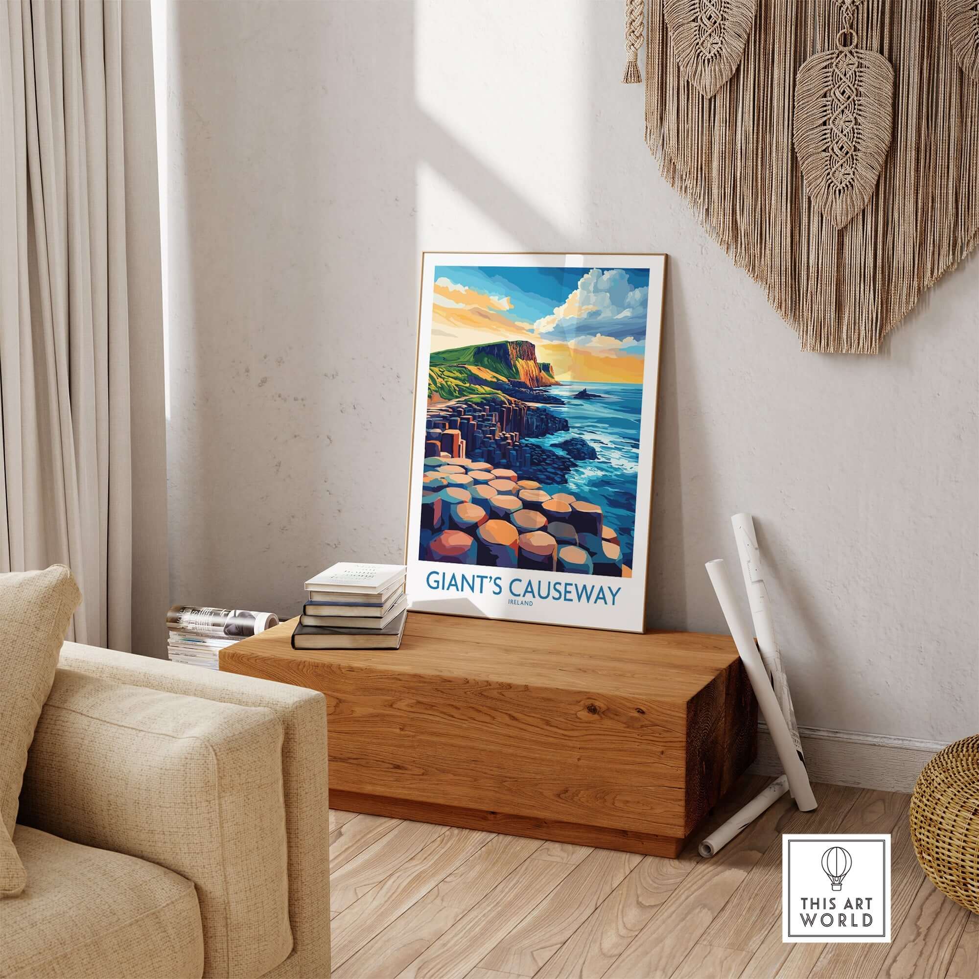 Giant's Causeway Wall Art Print showcasing Ireland's rocky coastline and vibrant scenery in a stylish home setting.