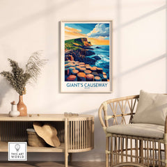 Giant's Causeway Wall Art Print showcasing Ireland's scenic rock formations in a stylish interior setting.