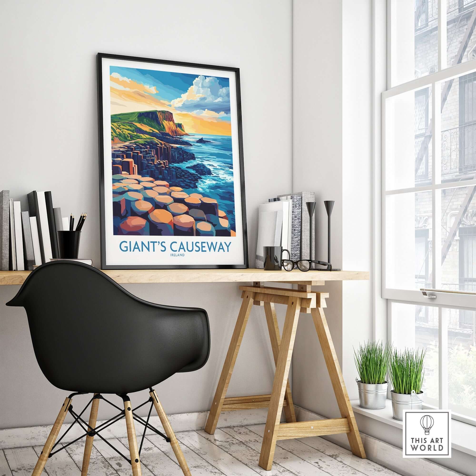 Giant's Causeway Wall Art Print displayed in a modern workspace, showcasing Ireland's iconic rock formations.