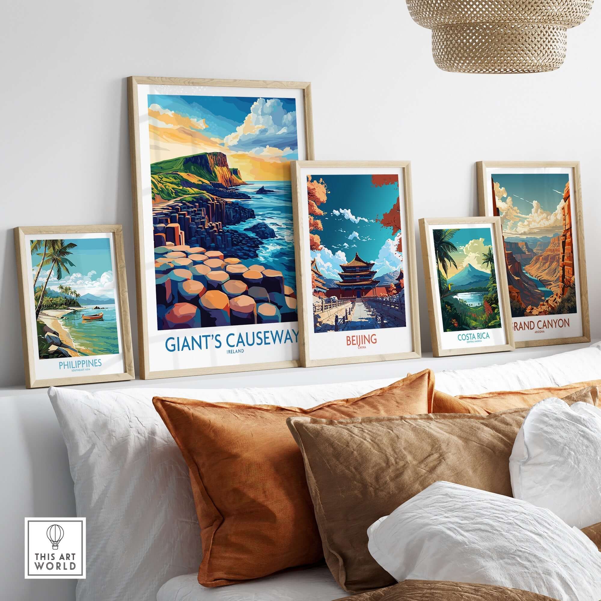 Giant's Causeway Wall Art Print displayed among other travel-themed prints in a stylish home decor setting.
