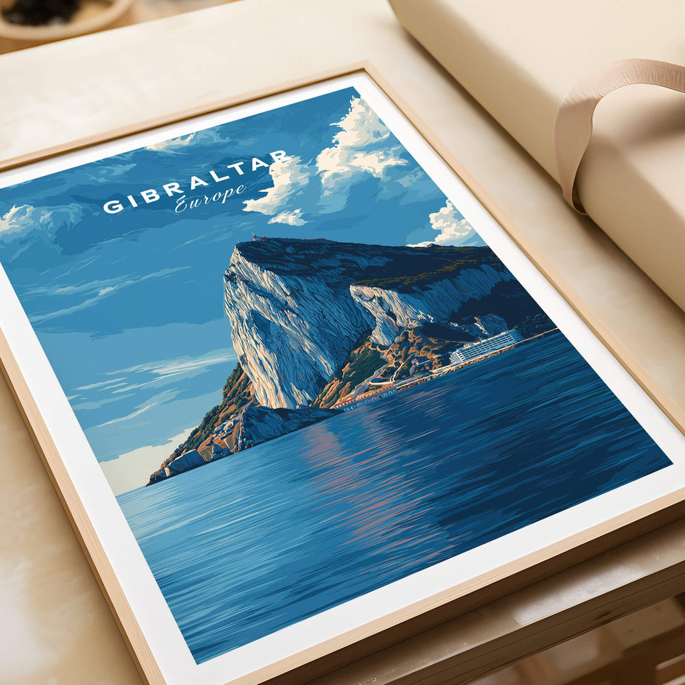 The Rock of Gibraltar Canvas Art Print featuring a vivid illustration of Gibraltar's iconic landmark over the Mediterranean sea.
