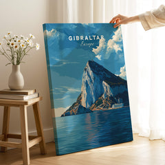 The Rock of Gibraltar Canvas Art Print featuring a vivid depiction of Gibraltar against the Mediterranean sea.