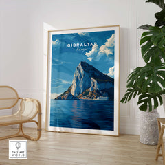 The Rock of Gibraltar Canvas Art Print features a stunning illustration of Gibraltar against a blue sky.