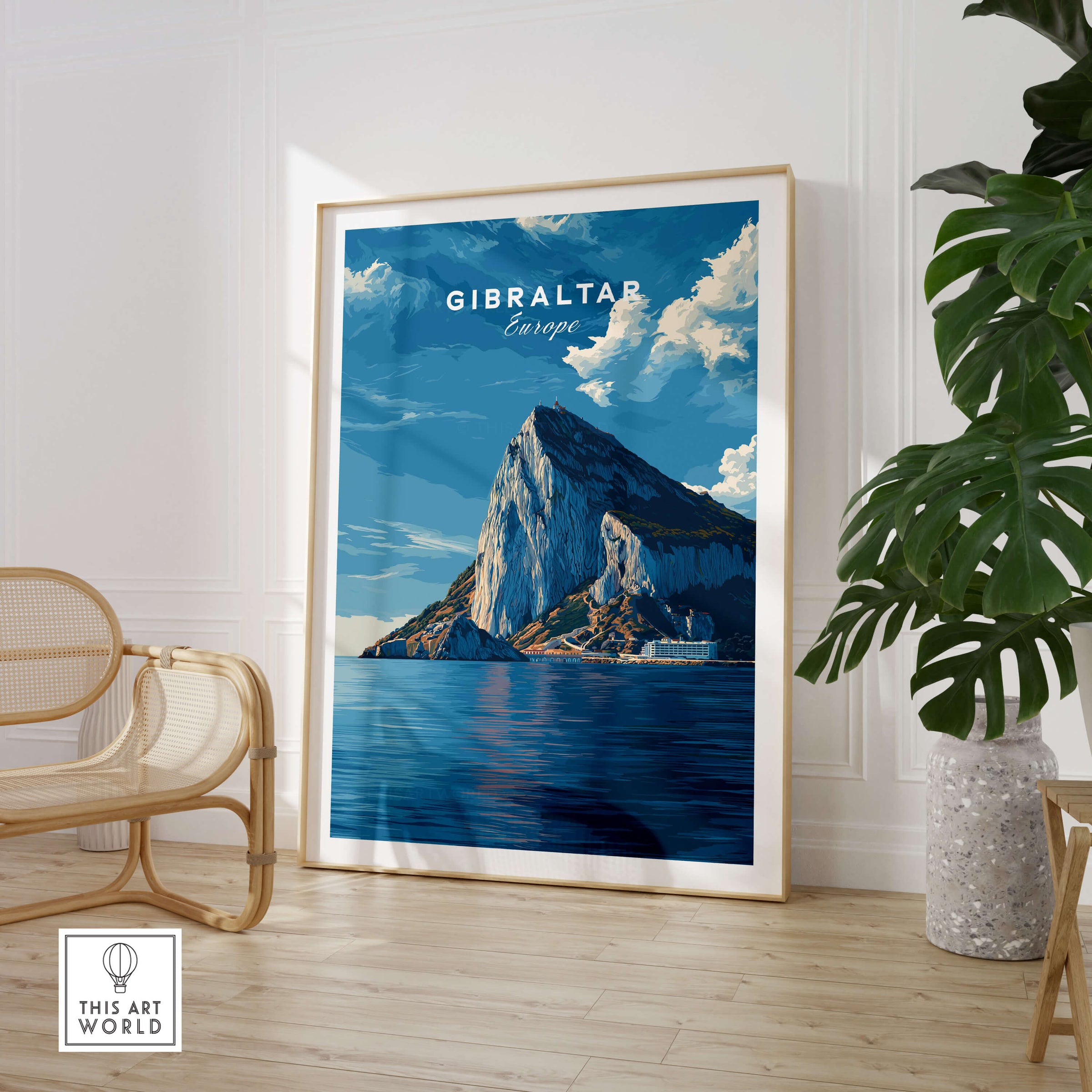 The Rock of Gibraltar Canvas Art Print features a stunning illustration of Gibraltar against a blue sky.