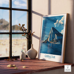 Gibraltar Poster –The Rock Canvas Print displayed in a cozy interior with a beach view through the window.