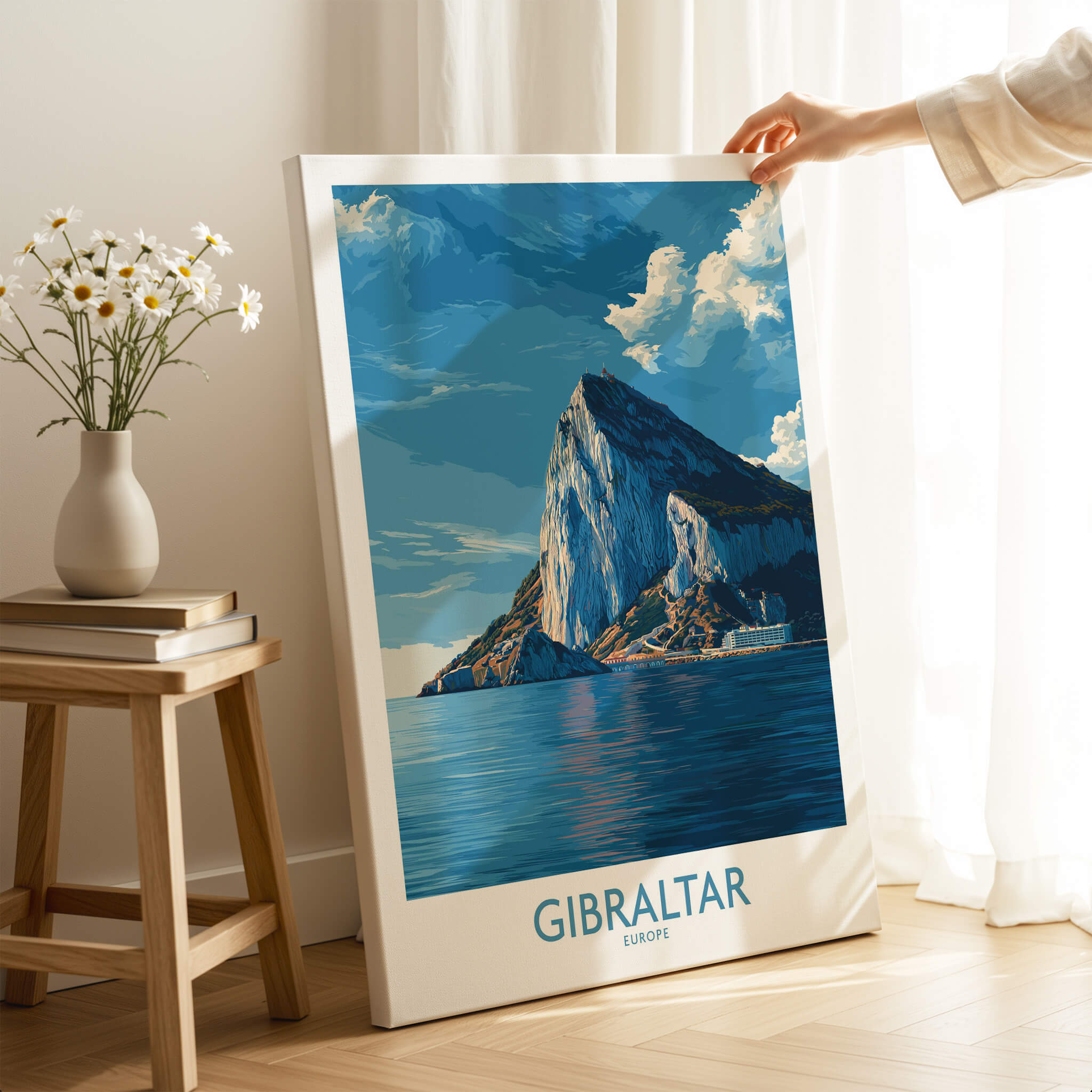 Gibraltar Poster –The Rock Canvas Print displayed indoors, showcasing the majestic limestone formation of Gibraltar.