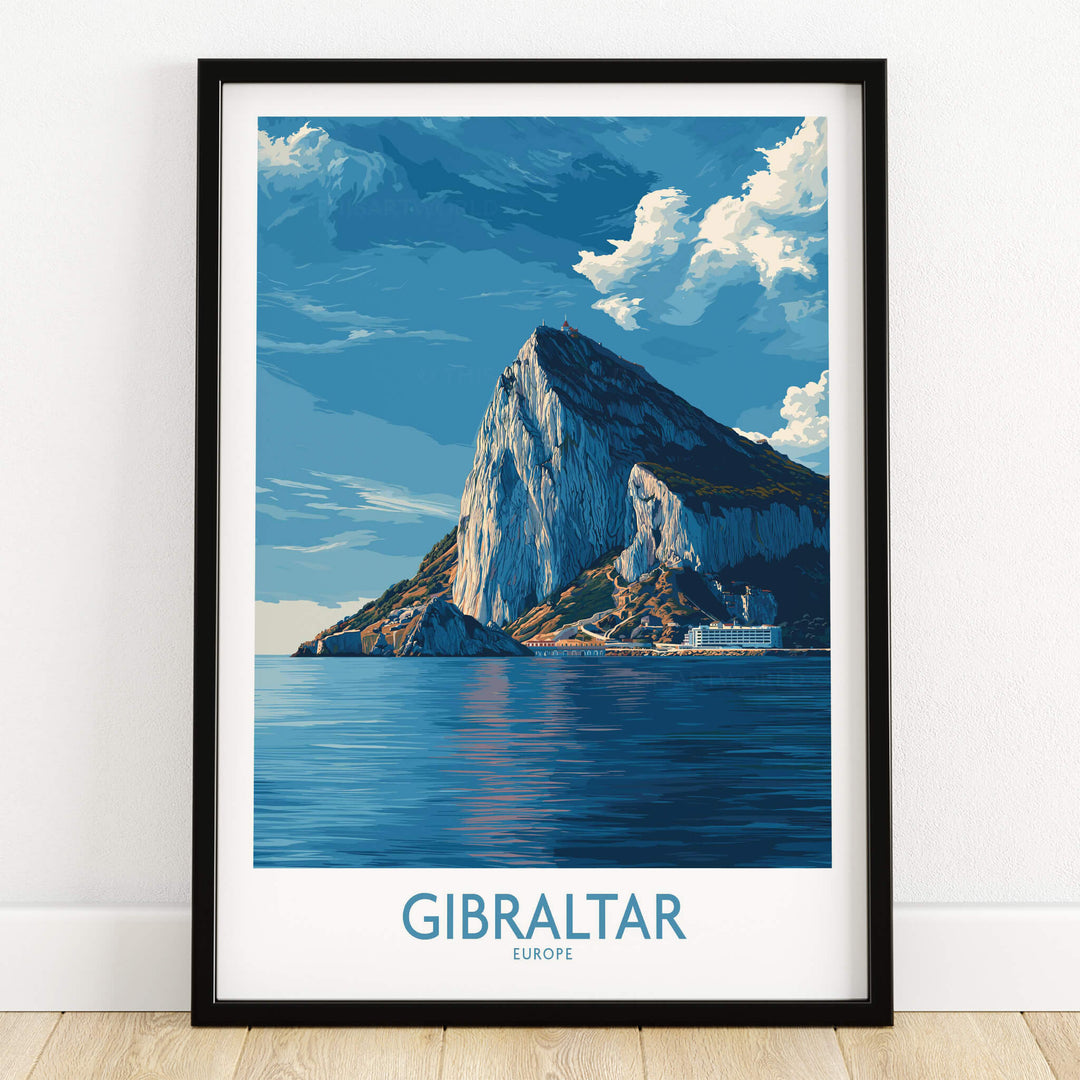 Gibraltar Poster –The Rock Canvas Print featuring the iconic Rock of Gibraltar in a stunning blue landscape.