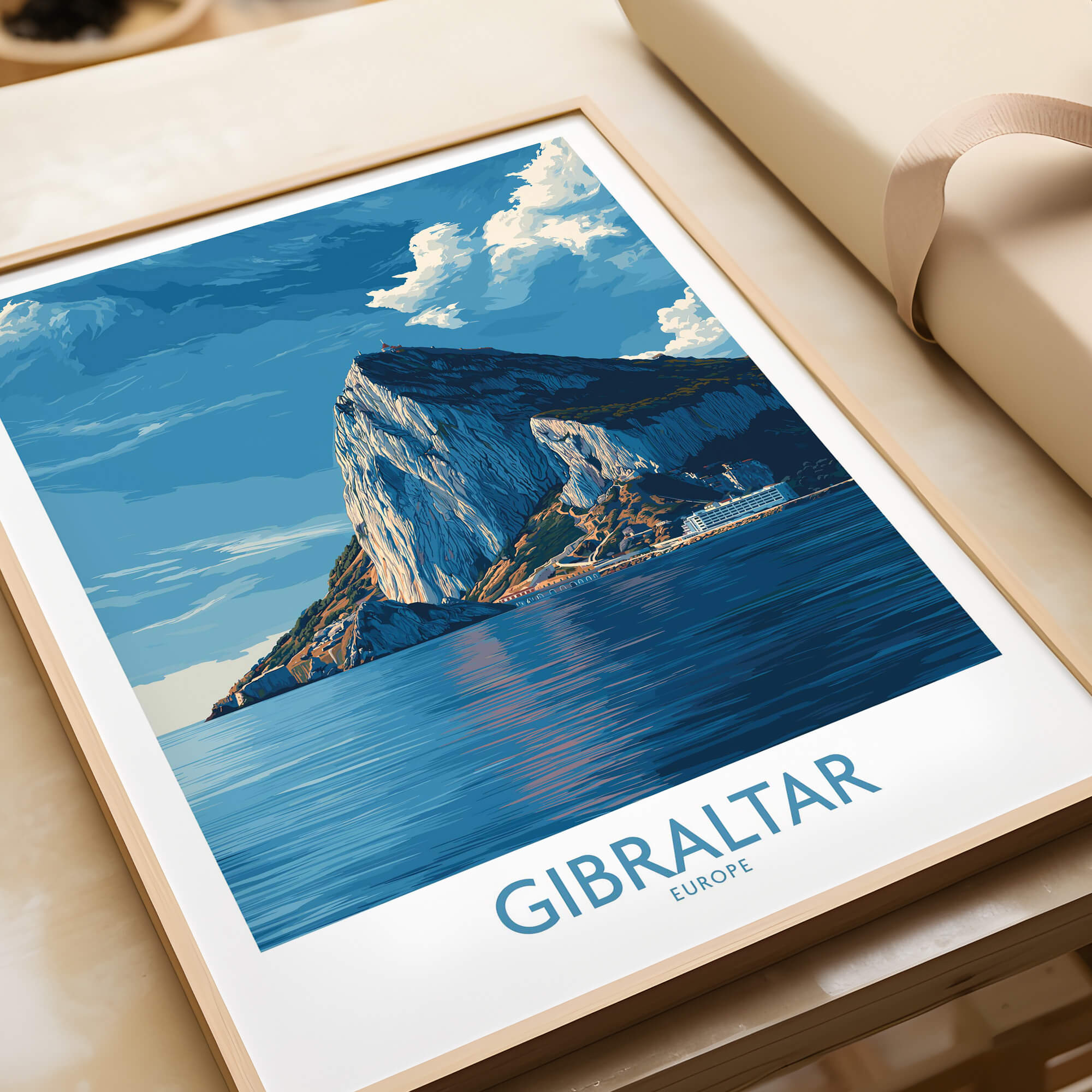 Gibraltar Poster –The Rock Canvas Print showcasing the iconic Rock of Gibraltar with a blue sky background.