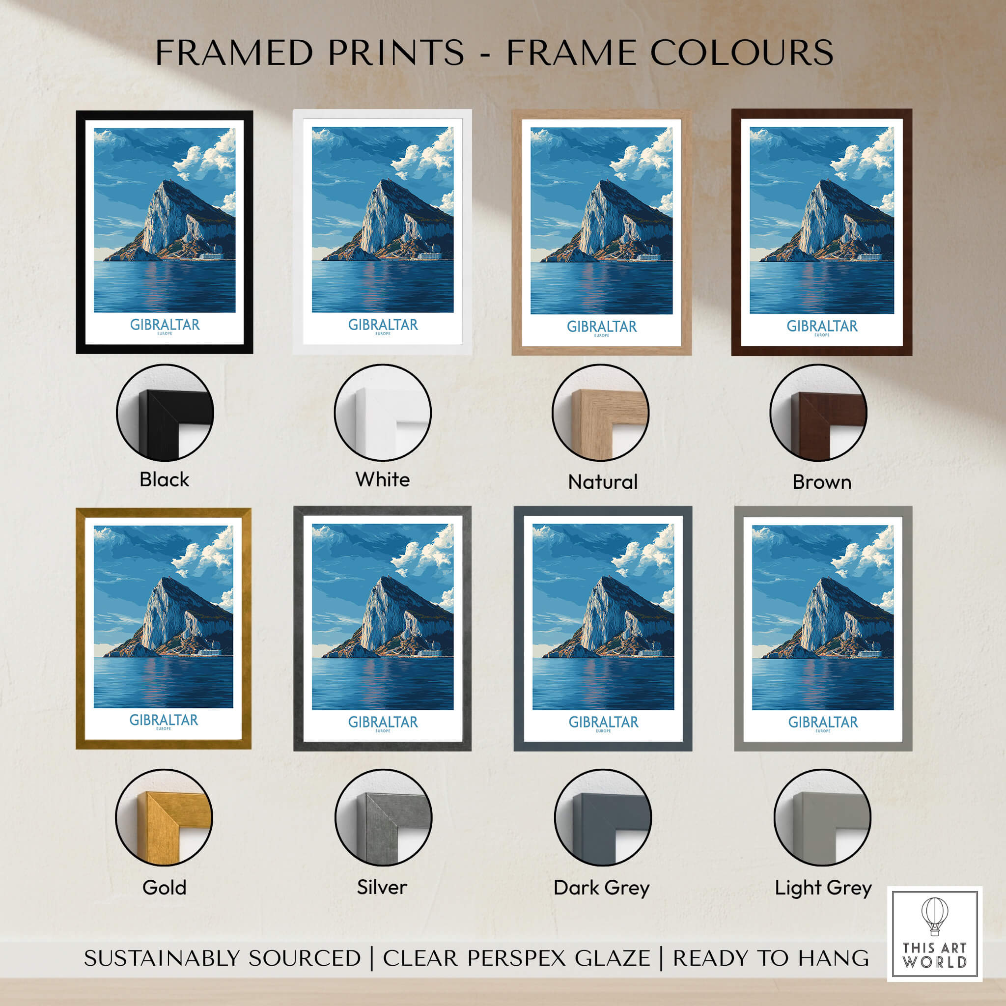 Gibraltar Poster –The Rock Canvas Print framed options in various colours, including Black, White, Natural, and Brown.