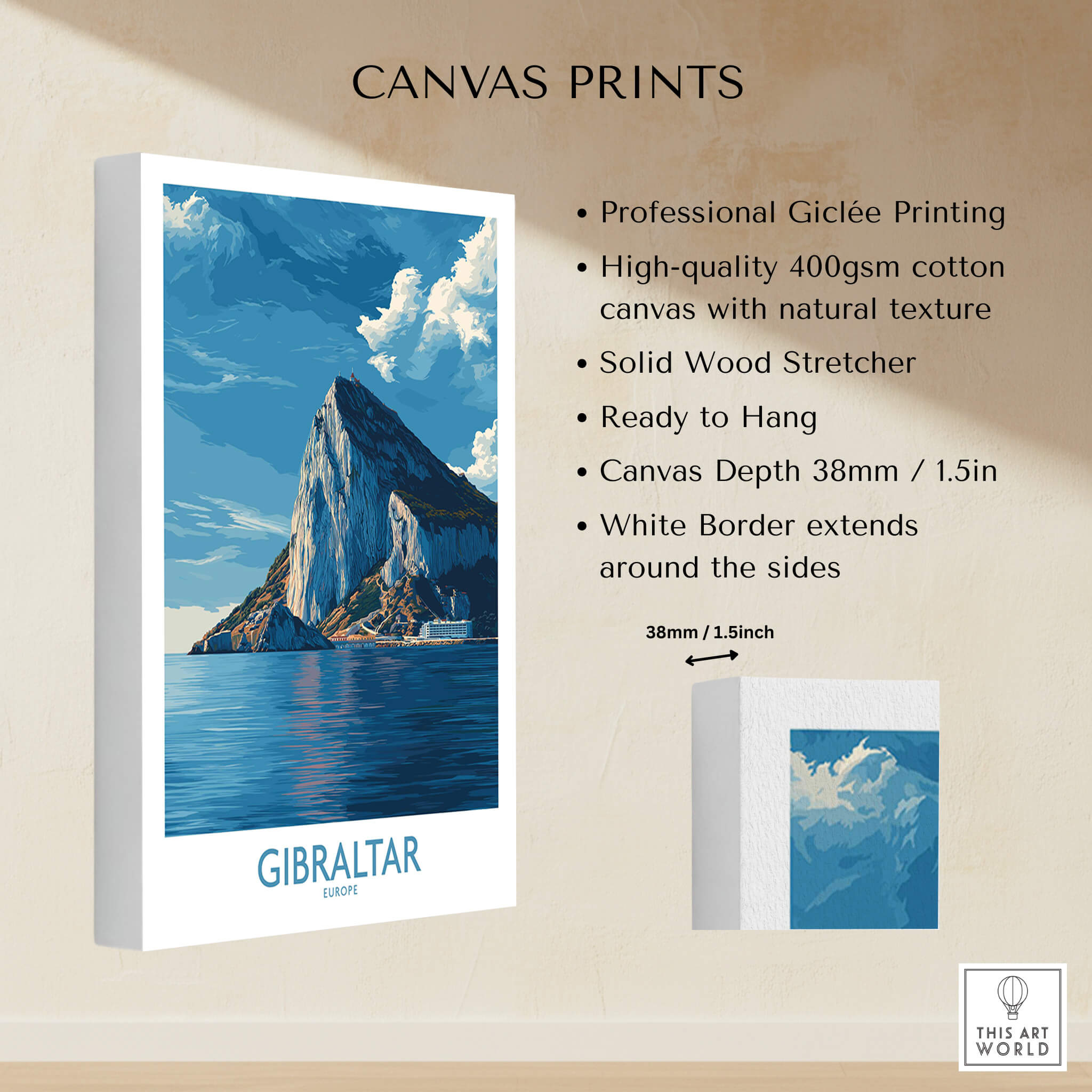 Gibraltar Poster –The Rock Canvas Print showcasing the iconic limestone formation with a vibrant blue backdrop.