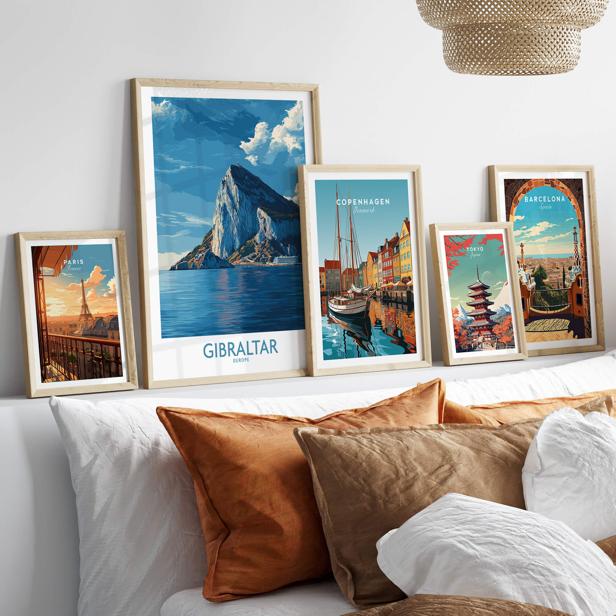 Gibraltar Poster –The Rock Canvas Print displayed among framed travel posters.