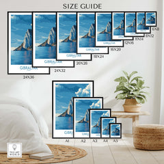 Gibraltar Poster –The Rock Canvas Print size guide showing different dimensions and options for the artwork.