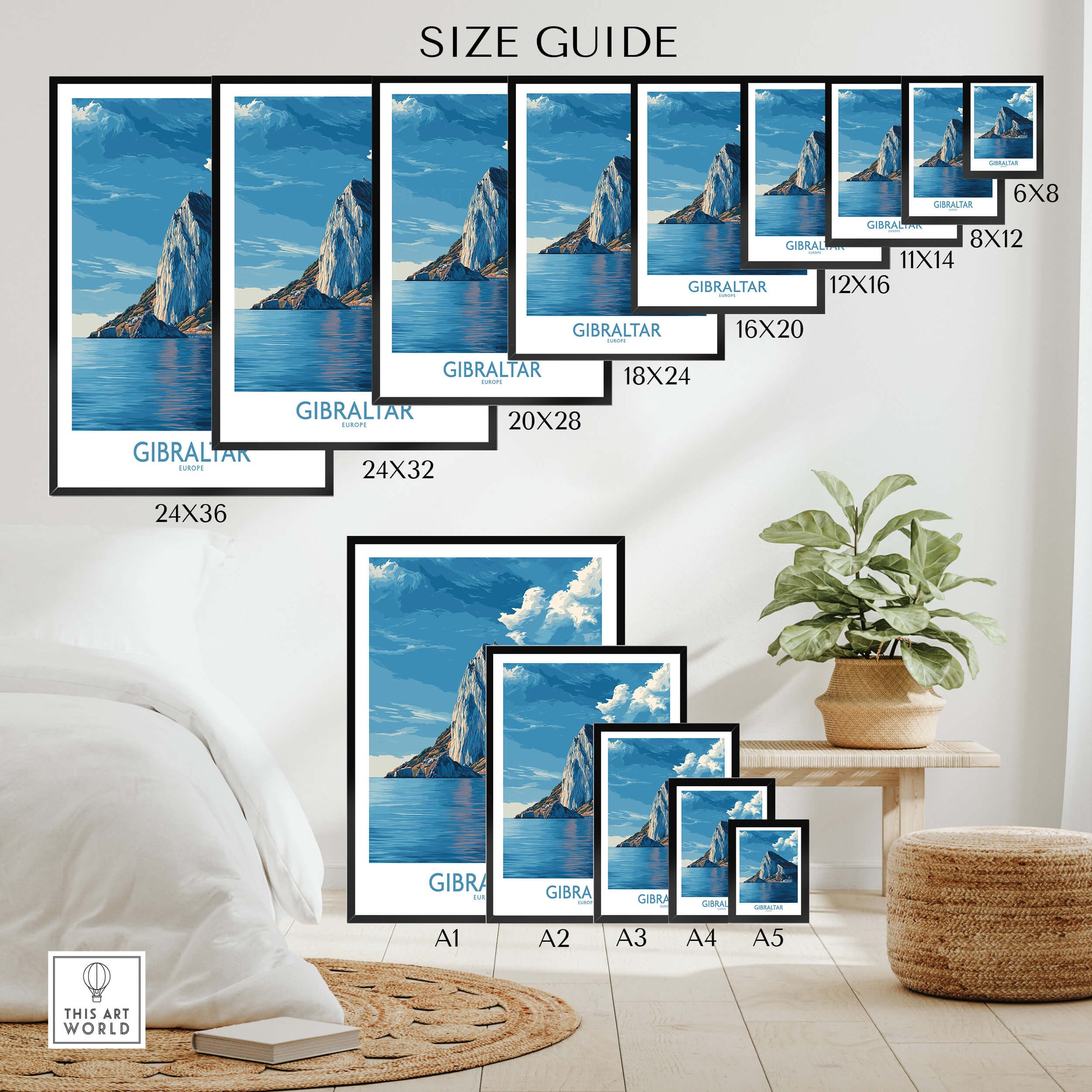 Gibraltar Poster –The Rock Canvas Print size guide showing different dimensions and options for the artwork.
