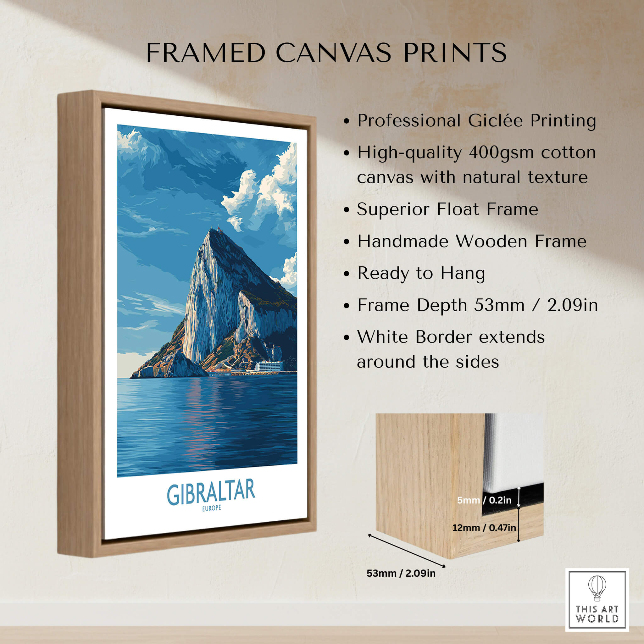 Gibraltar Poster –The Rock Canvas Print framed with natural wooden frame and white border showcasing the iconic Rock.