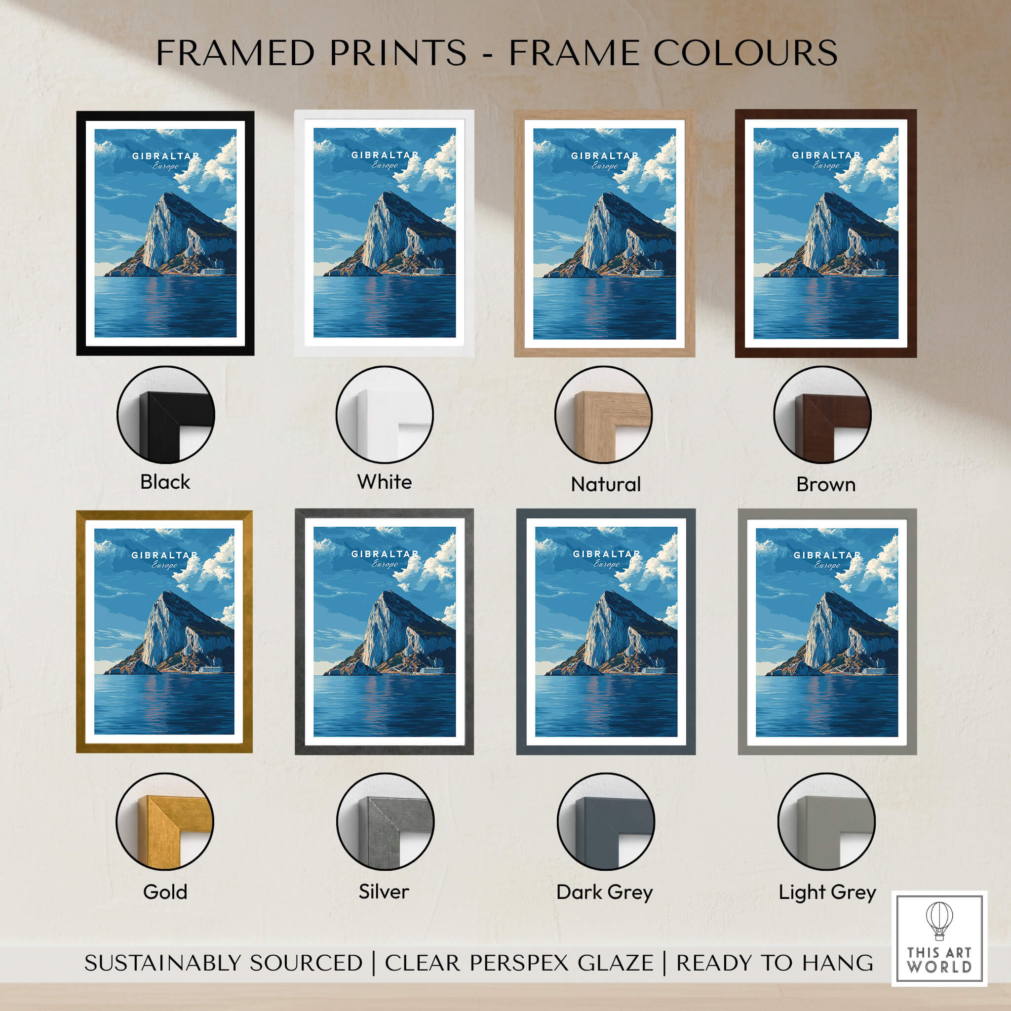 Framed prints showcasing The Rock of Gibraltar Canvas Art Print in various frame colors including black, white, and gold.