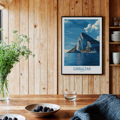 Gibraltar Poster –The Rock Canvas Print displayed in a cozy interior setting with natural elements.