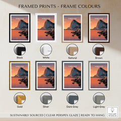 Gibraltar Travel Poster – The Rock of Gibraltar Sunset Cityscape Art framed prints in various colours