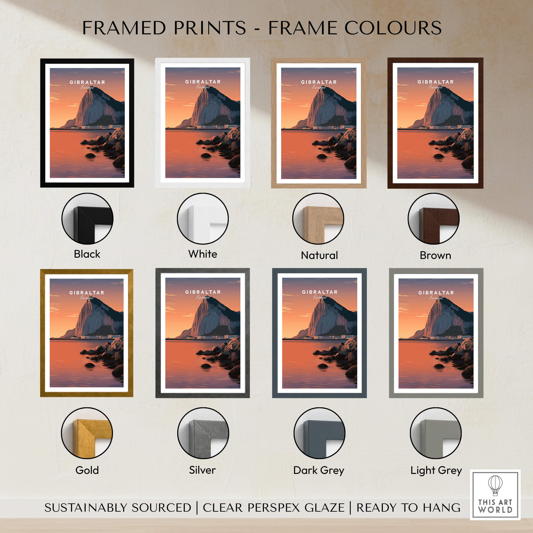 Gibraltar Travel Poster – The Rock of Gibraltar Sunset Cityscape Art framed prints in various colours
