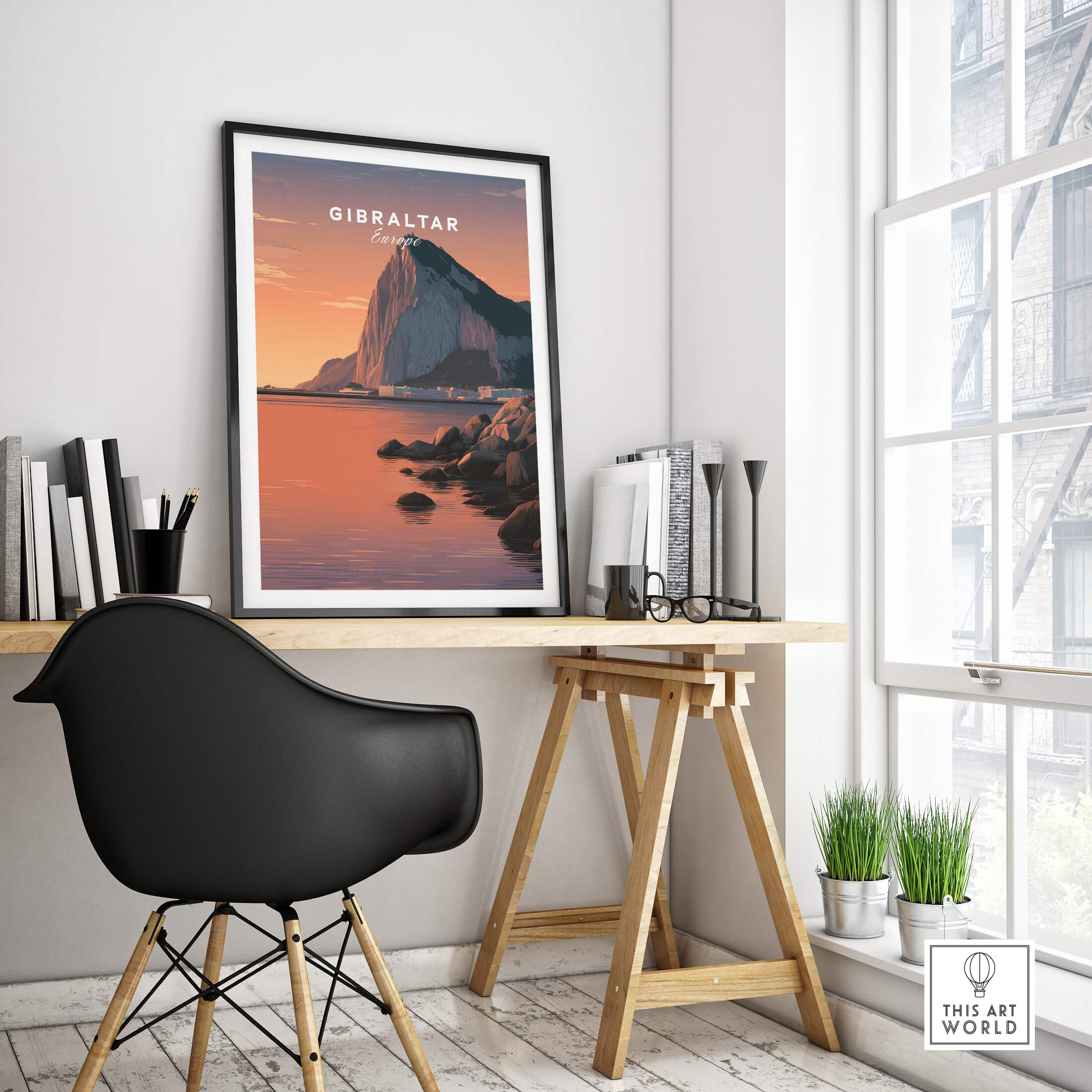 Gibraltar Travel Poster – The Rock of Gibraltar Sunset Cityscape Art showcased in a modern workspace setting.