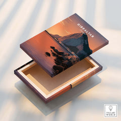 Gibraltar Travel Poster – The Rock of Gibraltar Sunset Cityscape Art on a decorative box.