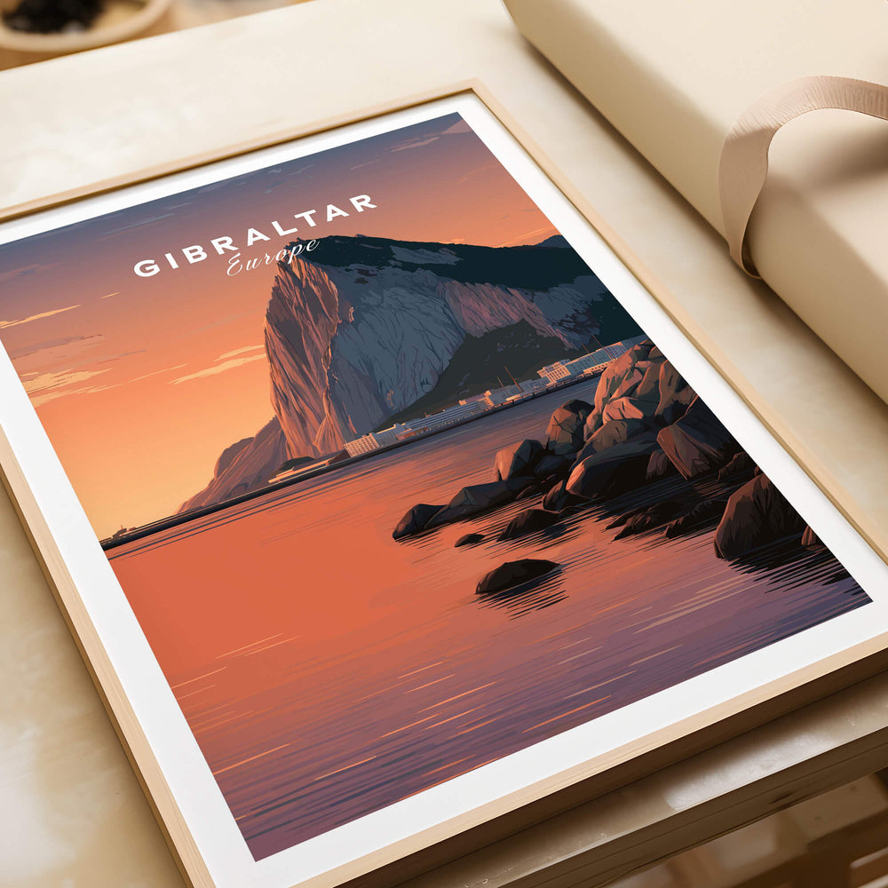 Gibraltar Travel Poster – The Rock of Gibraltar Sunset Cityscape Art featuring a vibrant sunset over the iconic rock.