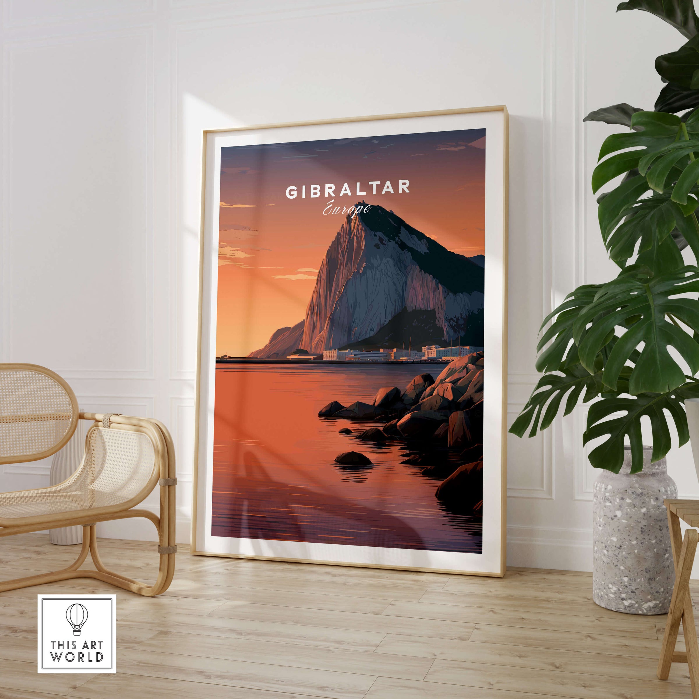 Gibraltar Travel Poster – The Rock of Gibraltar Sunset Cityscape Art framed in a modern interior setting.