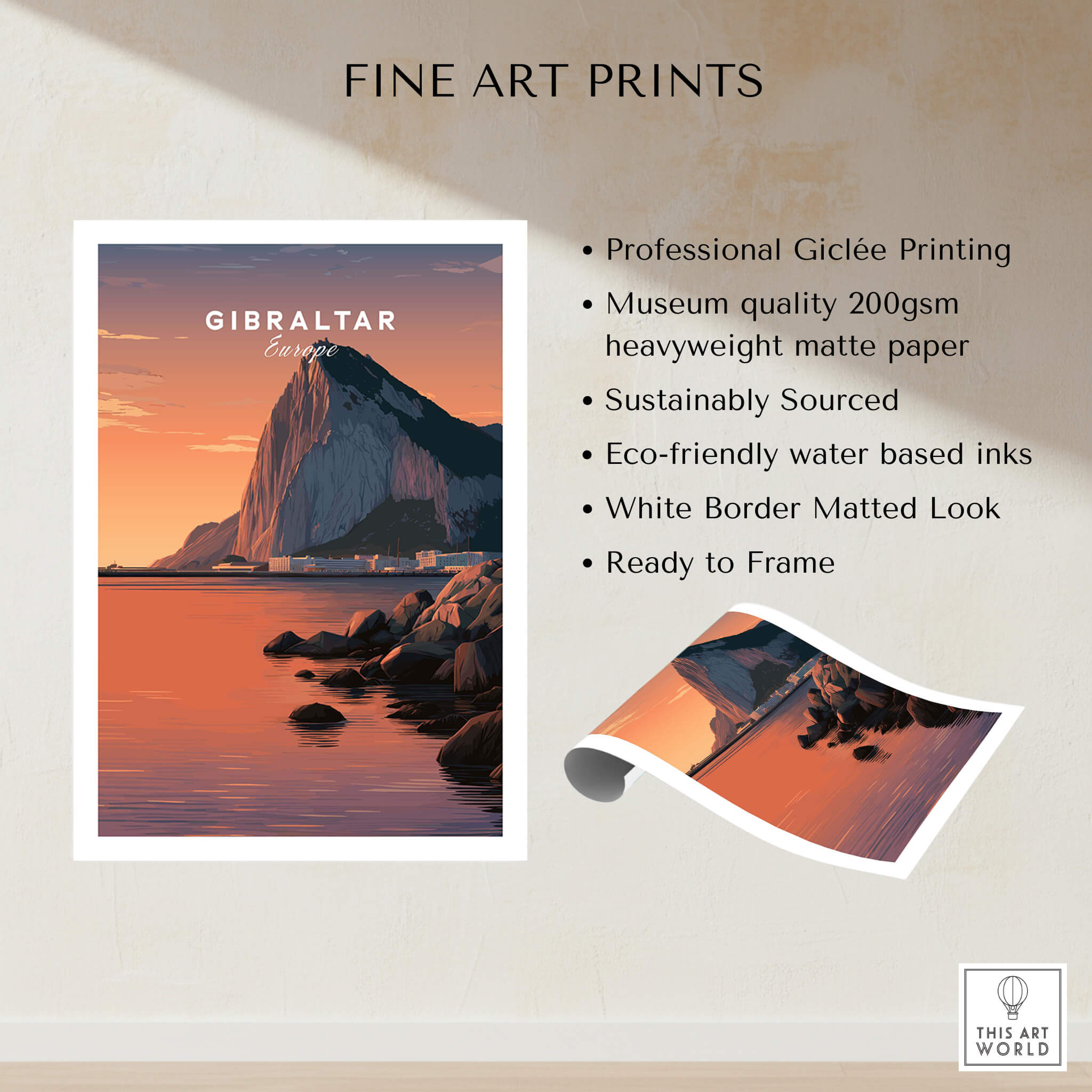 Gibraltar Travel Poster – The Rock of Gibraltar Sunset Cityscape Art showcasing Giclée printing on high-quality matte paper.