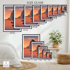 Gibraltar Travel Poster – The Rock of Gibraltar Sunset Cityscape Art size guide showing various frame sizes.