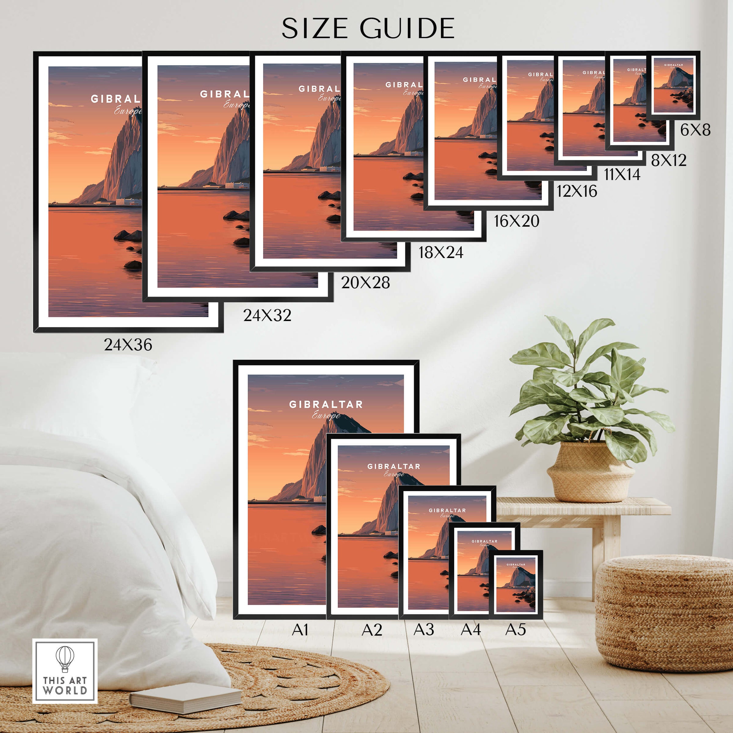 Gibraltar Travel Poster – The Rock of Gibraltar Sunset Cityscape Art size guide showing various frame sizes.