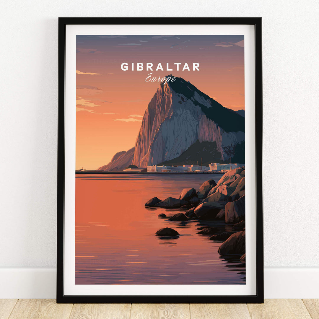 Gibraltar Travel Poster – The Rock of Gibraltar Sunset Cityscape Art with scenic harbor and sunset colors.