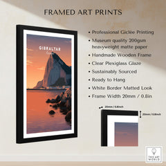 Gibraltar Travel Poster – The Rock of Gibraltar Sunset Cityscape Art framed print with professional giclée quality.