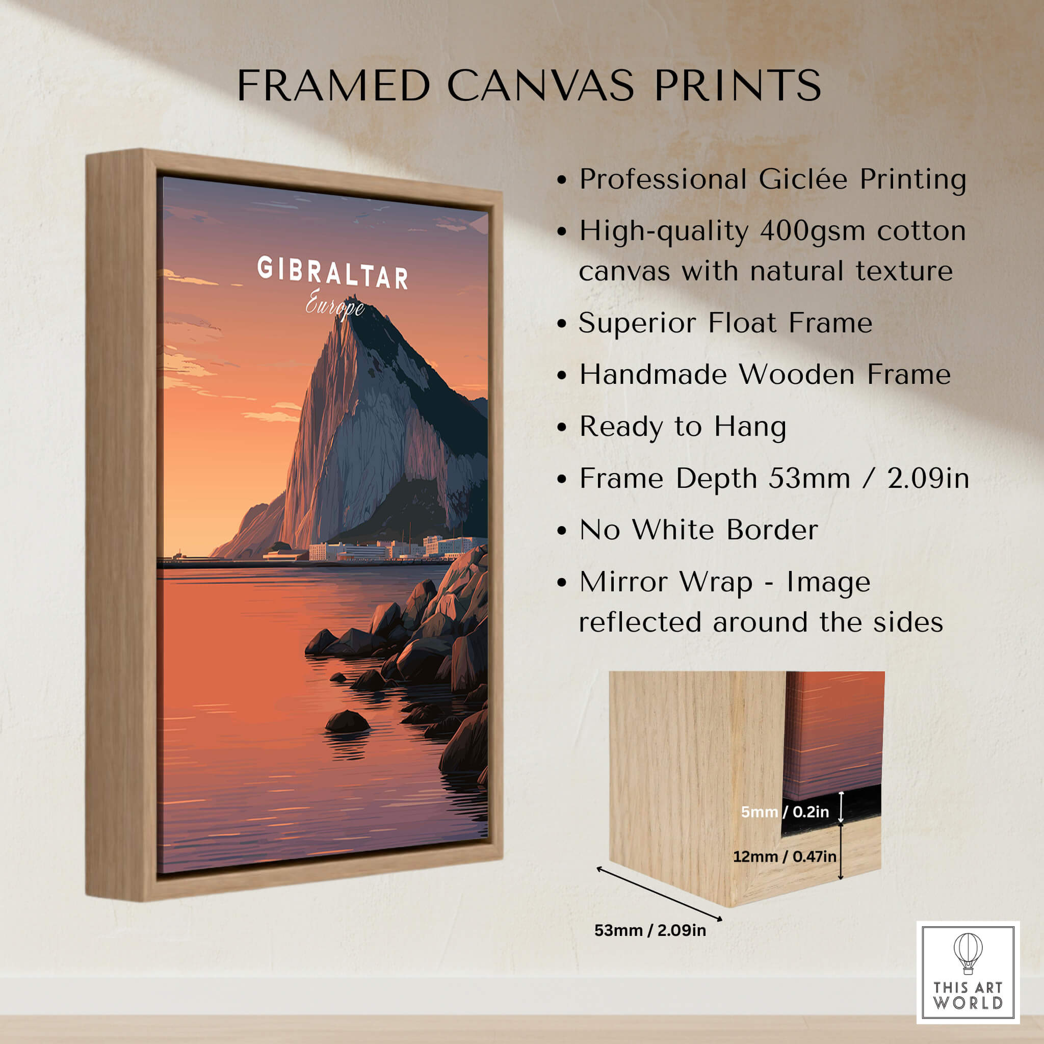 Gibraltar Travel Poster – The Rock of Gibraltar Sunset Cityscape Art framed print showcasing vibrant sunset colors.