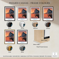 Gibraltar Wall Art –The Rock & Bay Landscape Print framed in various colors including black, white, natural, brown, gold, and silver.