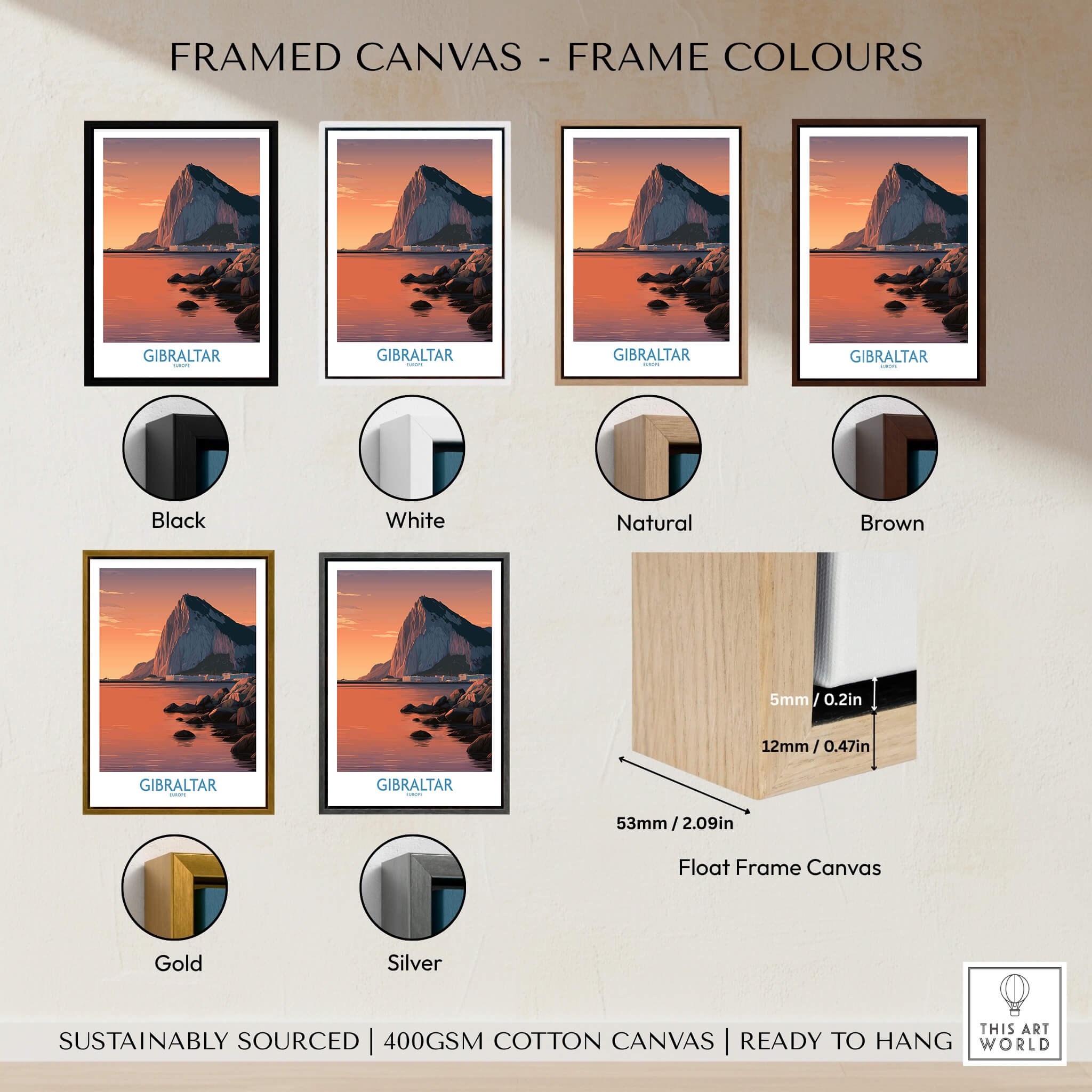 Gibraltar Wall Art –The Rock & Bay Landscape Print framed in various colors including black, white, natural, brown, gold, and silver.