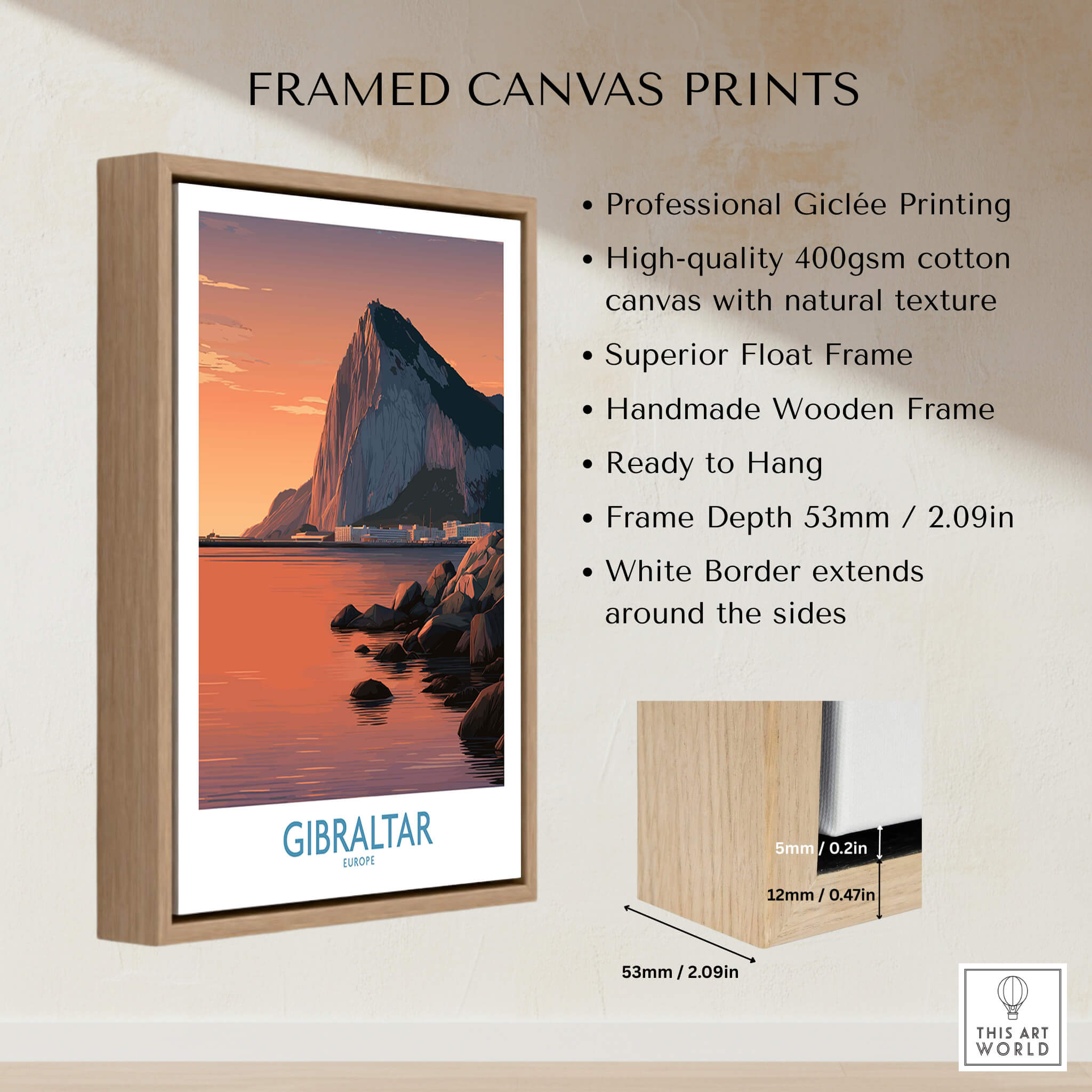 Gibraltar Wall Art –The Rock & Bay Landscape Print in a handmade wooden frame with high-quality giclée printing.