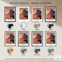 Framed Gibraltar Wall Art –The Rock & Bay Landscape Print in various frame colors including black, white, natural, brown, gold, silver, dark grey, and light grey.