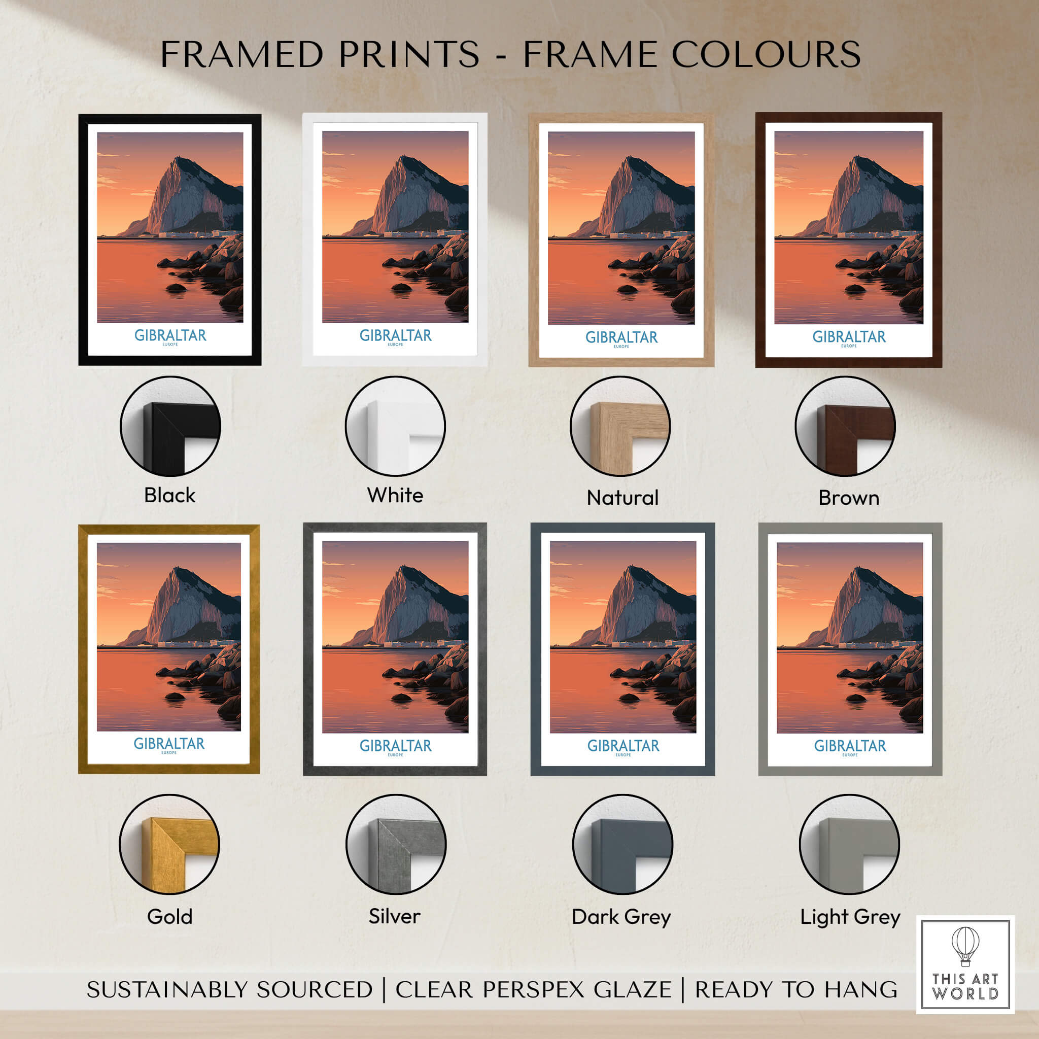 Framed Gibraltar Wall Art –The Rock & Bay Landscape Print in various frame colors including black, white, natural, brown, gold, silver, dark grey, and light grey.